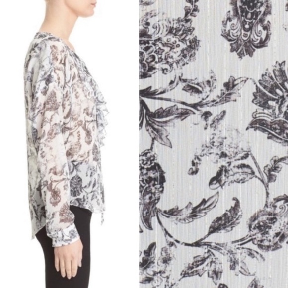 THE Kooples Baroque Print Floral Ruffle Lace Up Top In White - Picture 3 of 14